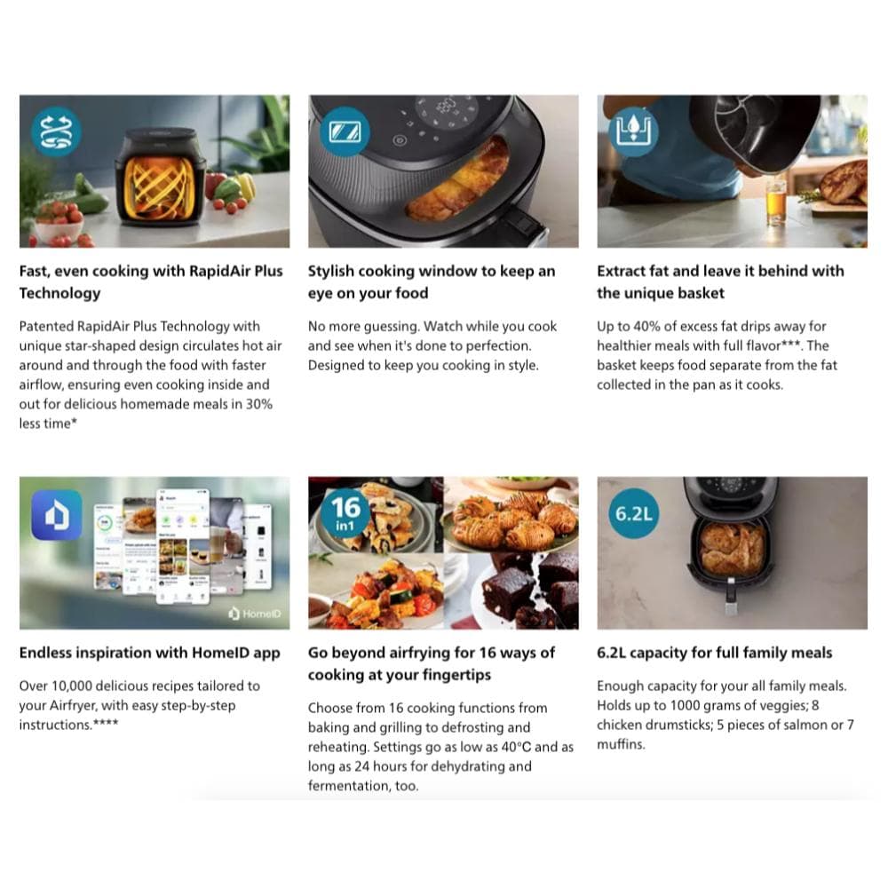 Philips 3000 Series Air Fryer, 6.2L,1700W, Digital, NA332/00 - Black