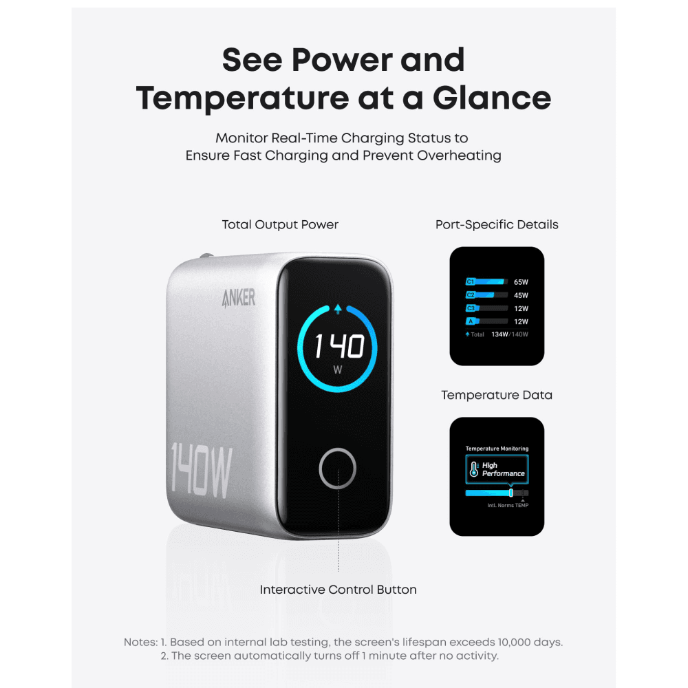 Anker Charger, 140W, 4-Port, PD 3.1 with USB-C Cable - Sliver