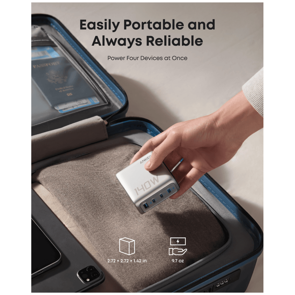 Anker Charger, 140W, 4-Port, PD 3.1 with USB-C Cable - Sliver