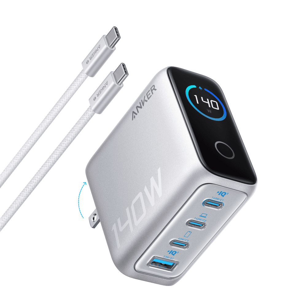 Anker Charger, 140W, 4-Port, PD 3.1 with USB-C Cable - Sliver