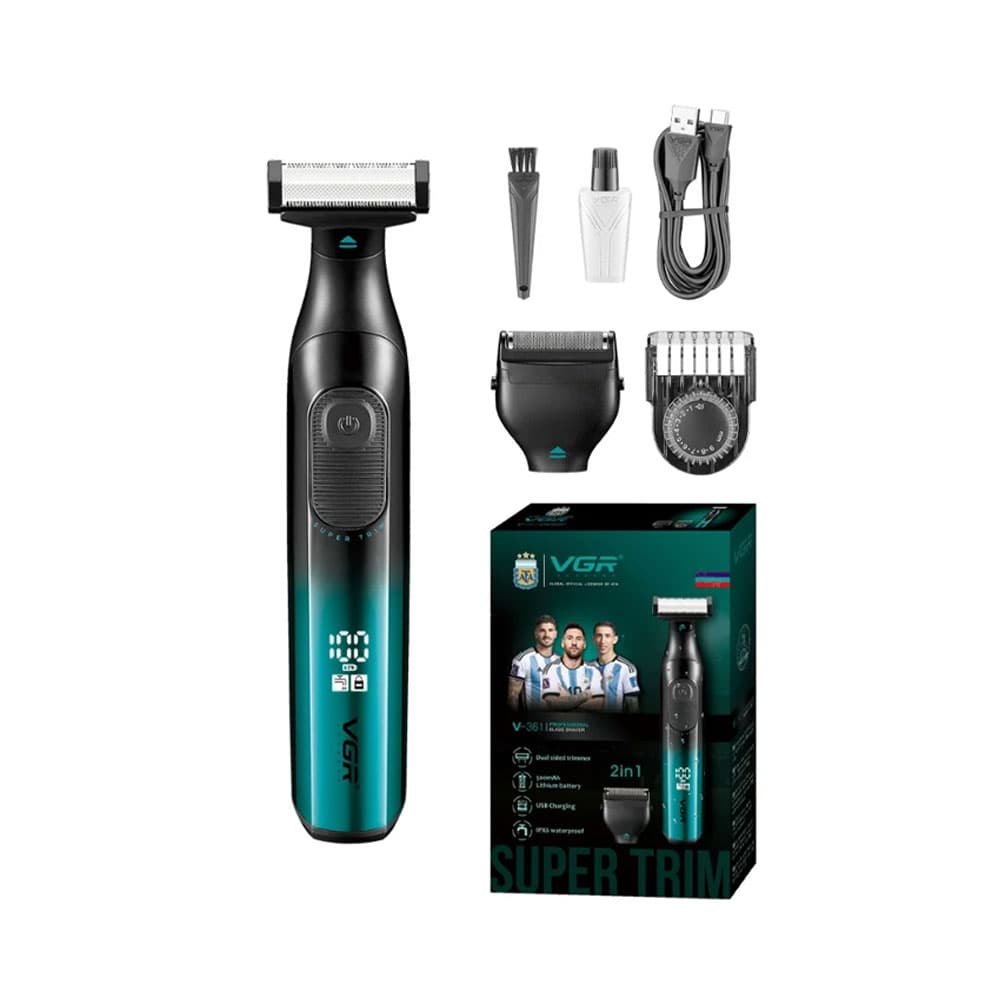 VGR V361 Rechargeable 2-in-1 shaving and trimming Wet * Dry Hair Shaver IPX6 - 500 mAh - Black*Green 