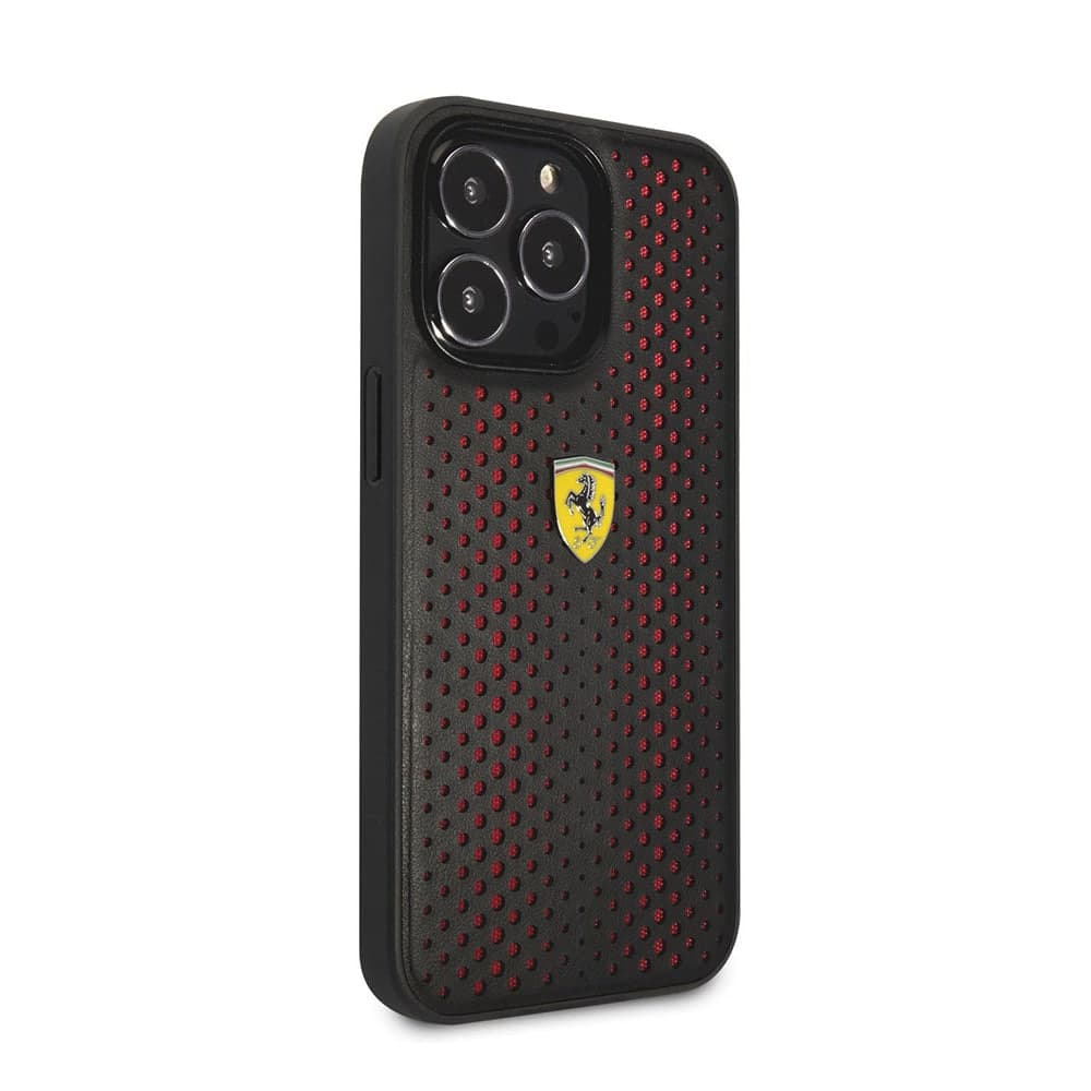 فيراري جراب ظهر لهاتف أيفون 15 بلس &amp; 14 بلس PU جلد Perforated مع Nylon Base &amp; Yellow Shield Logo - أحمر