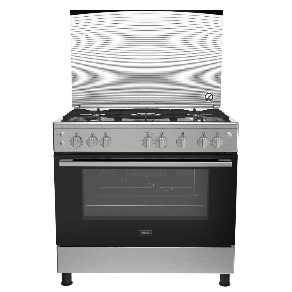 Zanussi Free Standing Cooker 90 Cm Cool Cast New Edition (hot & cooling fan + timer + cast iron pan support + full safety + brushed stainless steel +