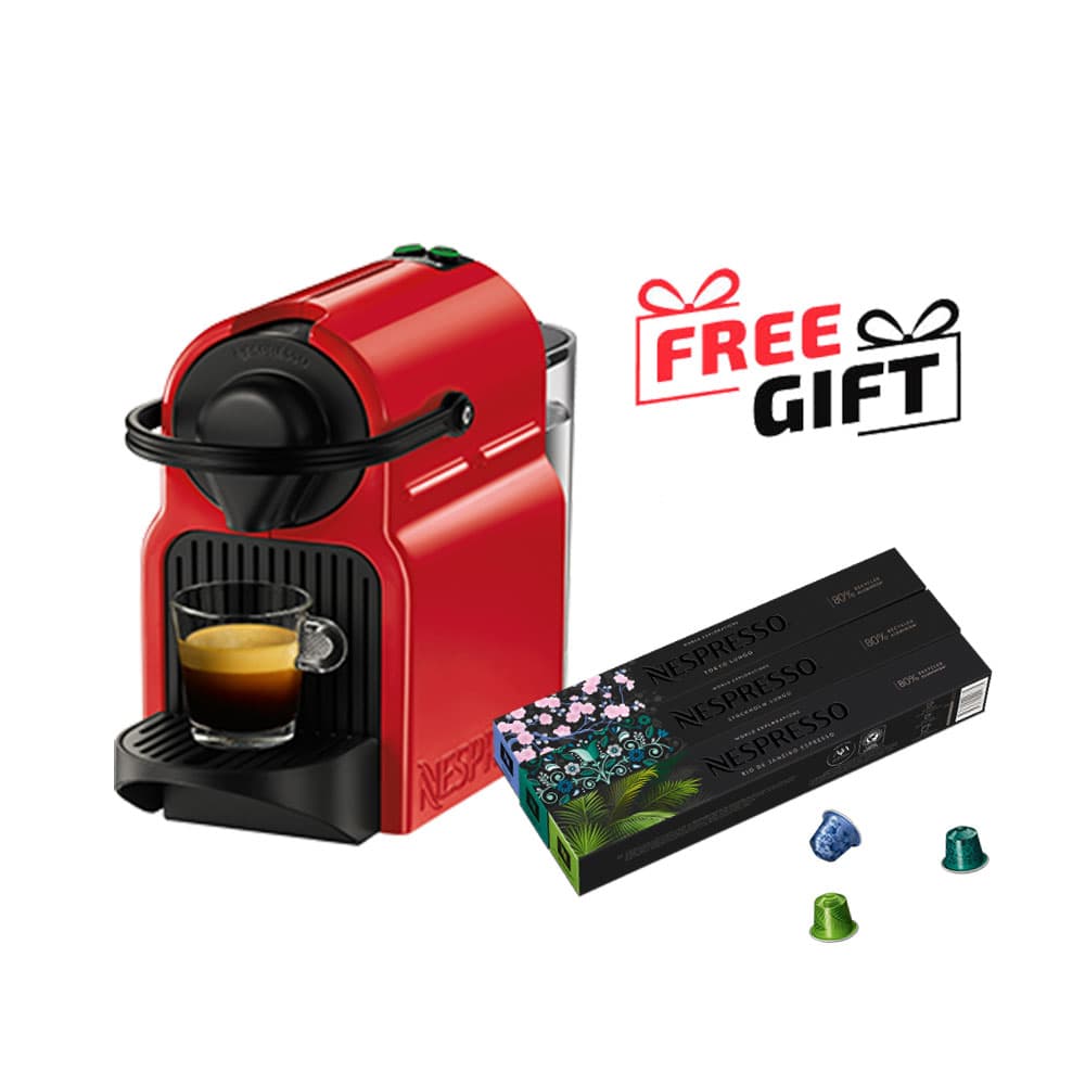 Nespresso inissia Coffee Machine 0.7 Liters - 19 Bar - Red - C40-EU-RE-NE + 30 Coffee Capsules Gift
