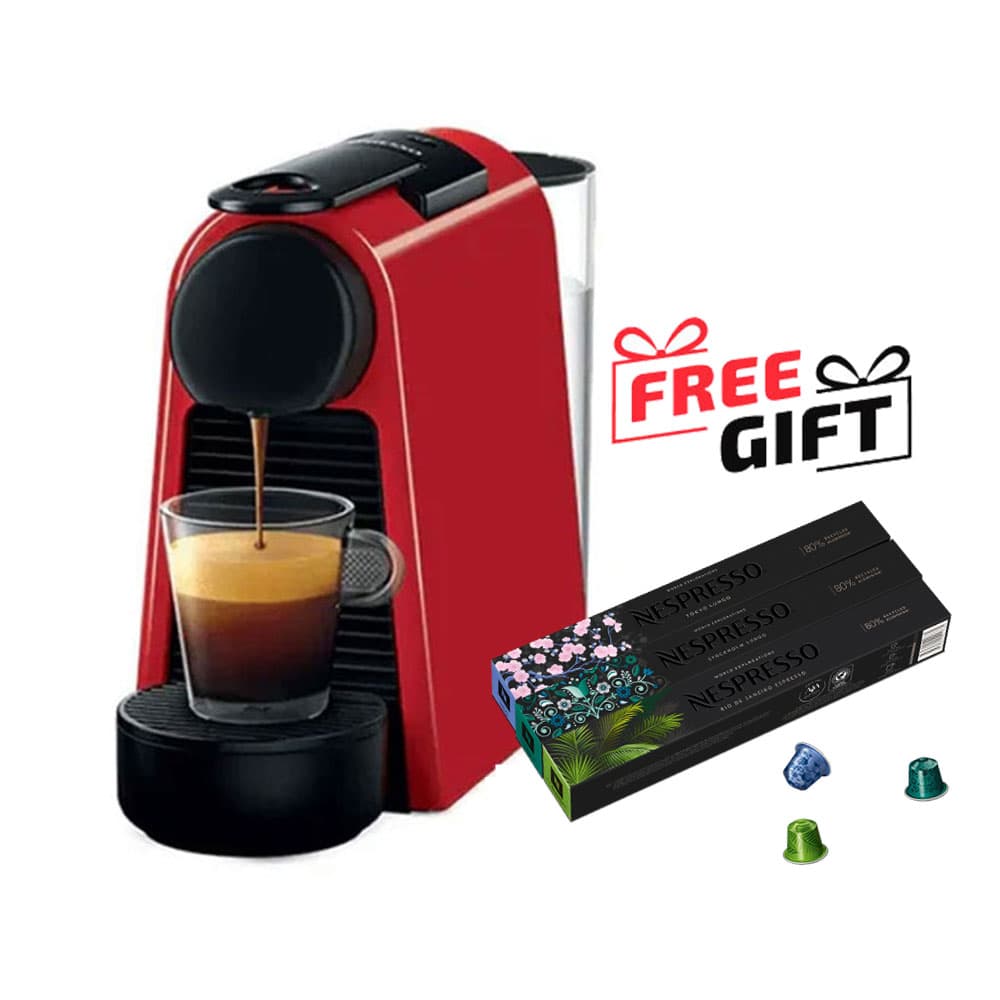 Nespresso Mini Essenza Coffee Machine 0.6 Liter - 19 Bar - Red - D30-EU-RE-NE2 +30 Coffee Capsules Gift