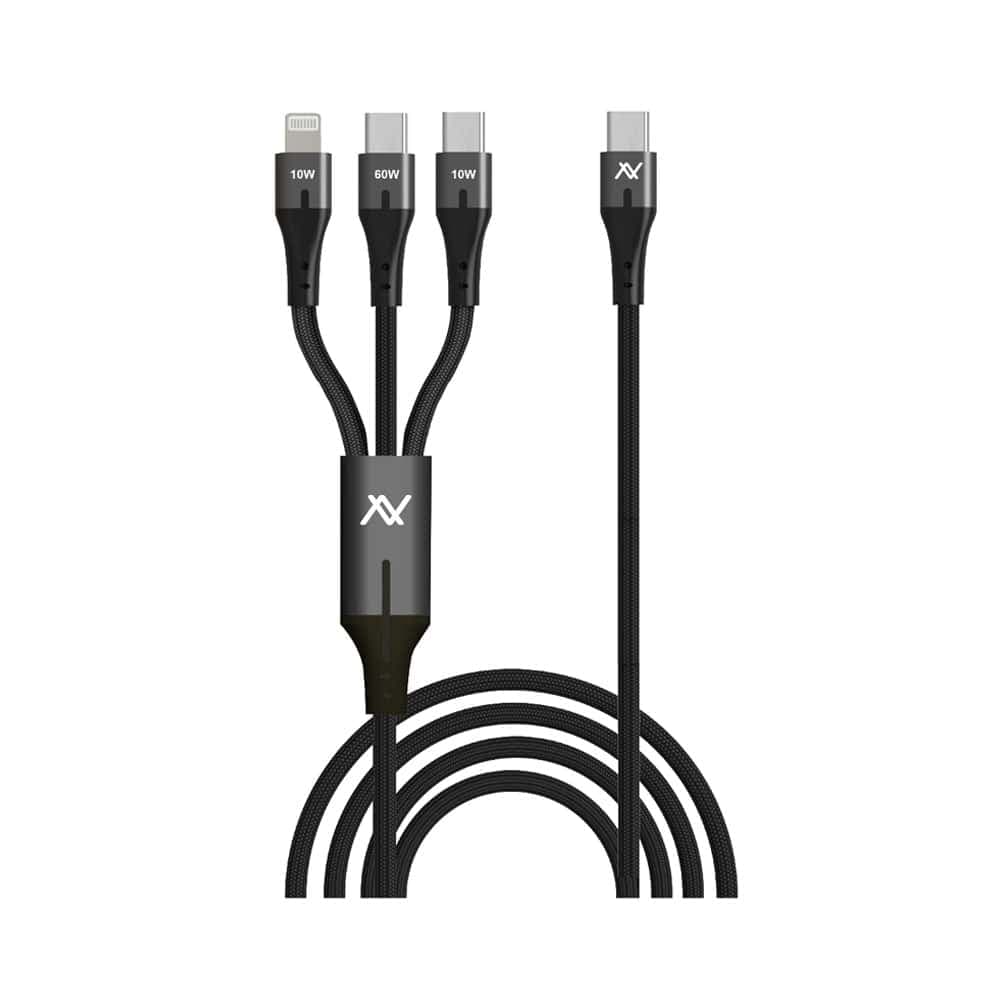 L'AVVENTO (MP363) 3in1 Fast Charging Cable from USB-C to Dual USB-C and Lightning 3M - Black