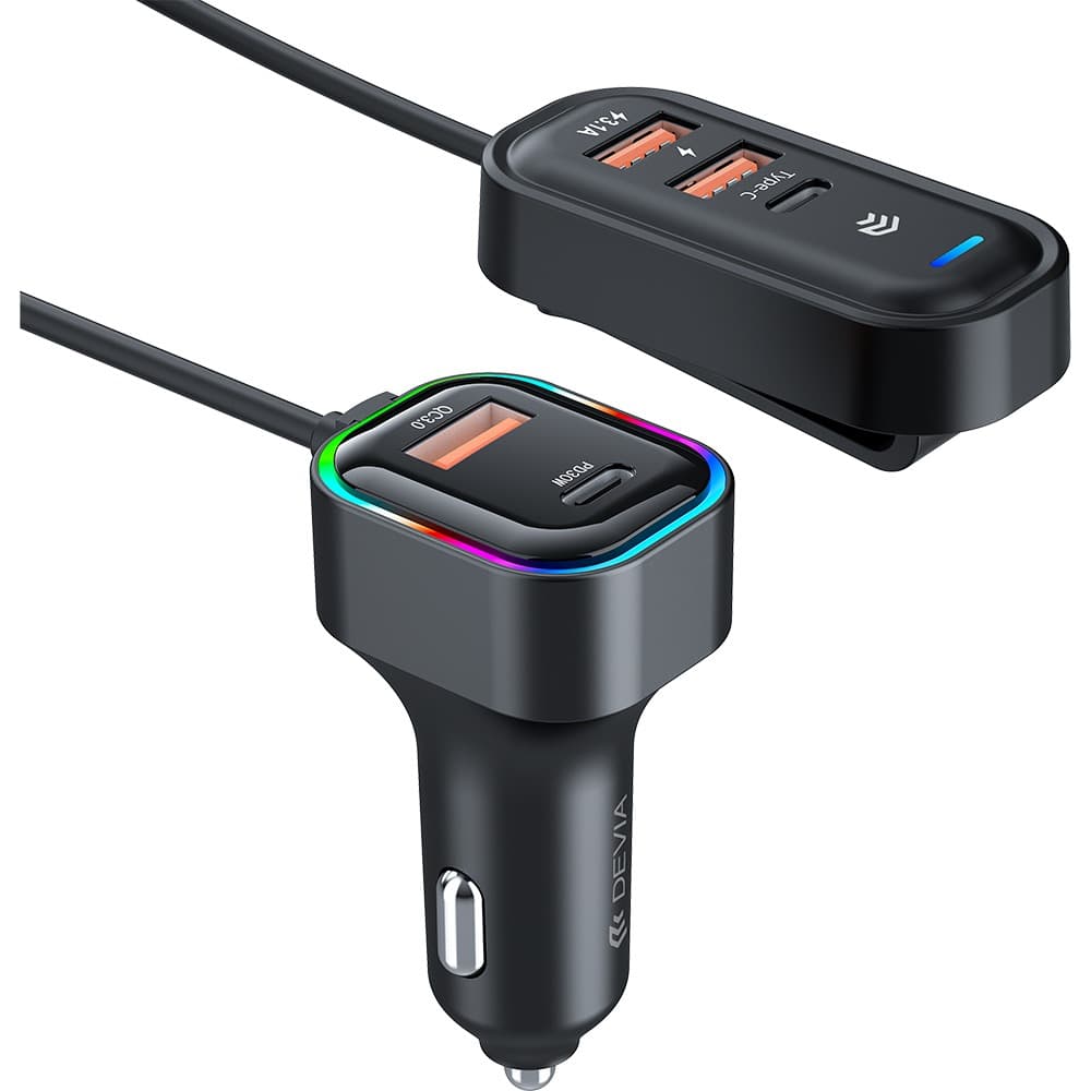 Devia Design Series Car Charger 48W Turbo charge 5-Port Fast PD &amp; QC With Rear Extension - Black