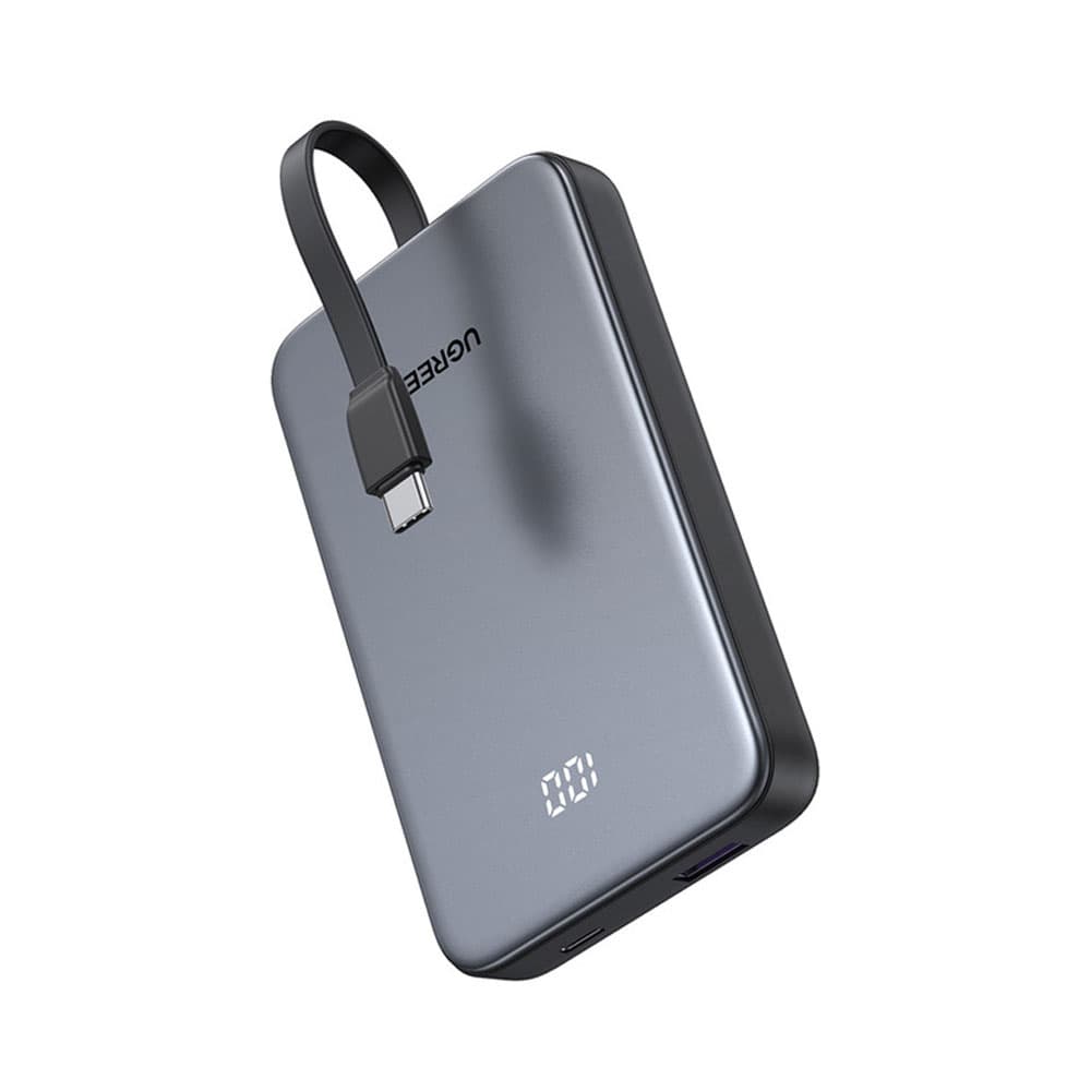 يوجرين PB526 باور بانك سعه 10000 مللي أمبير بقوة 20 وات مع كابل مدمج موديل 6941876272853 - رمادي