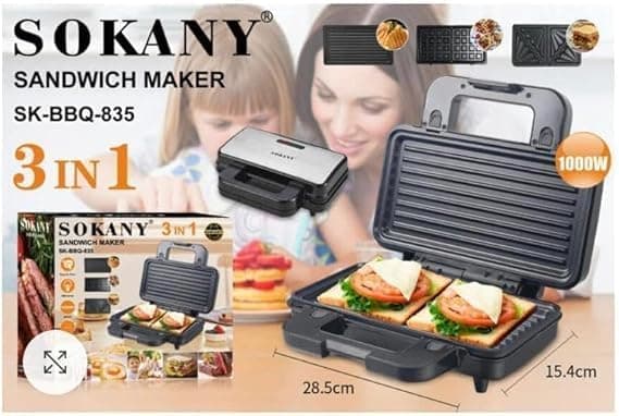 Sokany Sandwich Maker, 1000 Watts - Black Silver, KJ-835