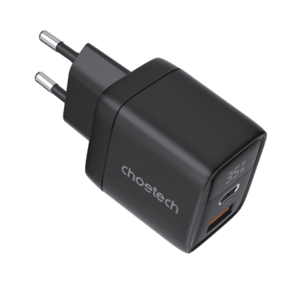 Choetech PD6052 USB-C USB-A PD 35W GaN wall charger with display - Black