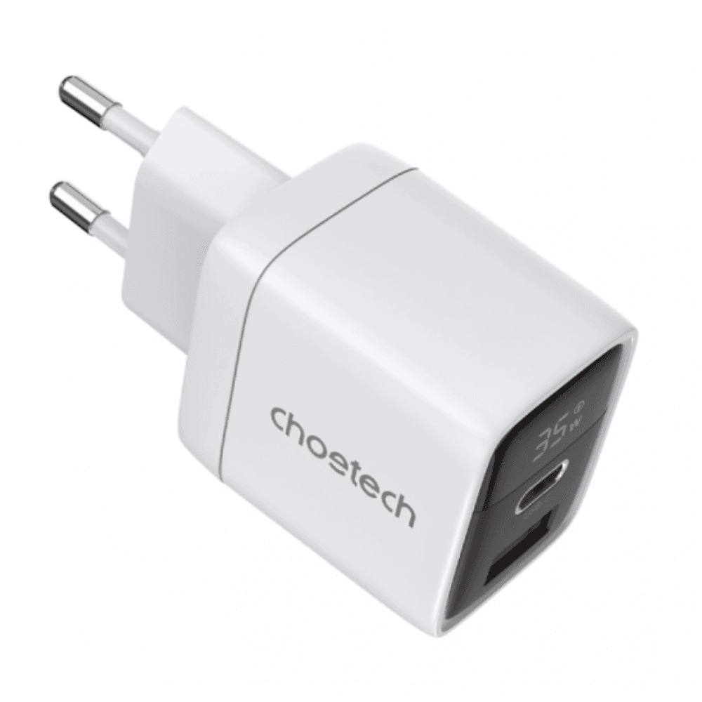 Choetech PD6052 USB-C USB-A PD 35W GaN wall charger with display - White