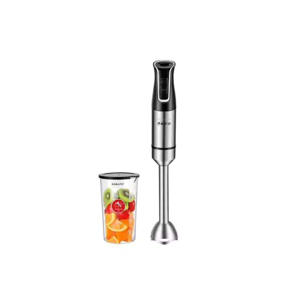 Sokany Stainless Steel Hand Blender with Beaker, 1200W, Black and Silver.
