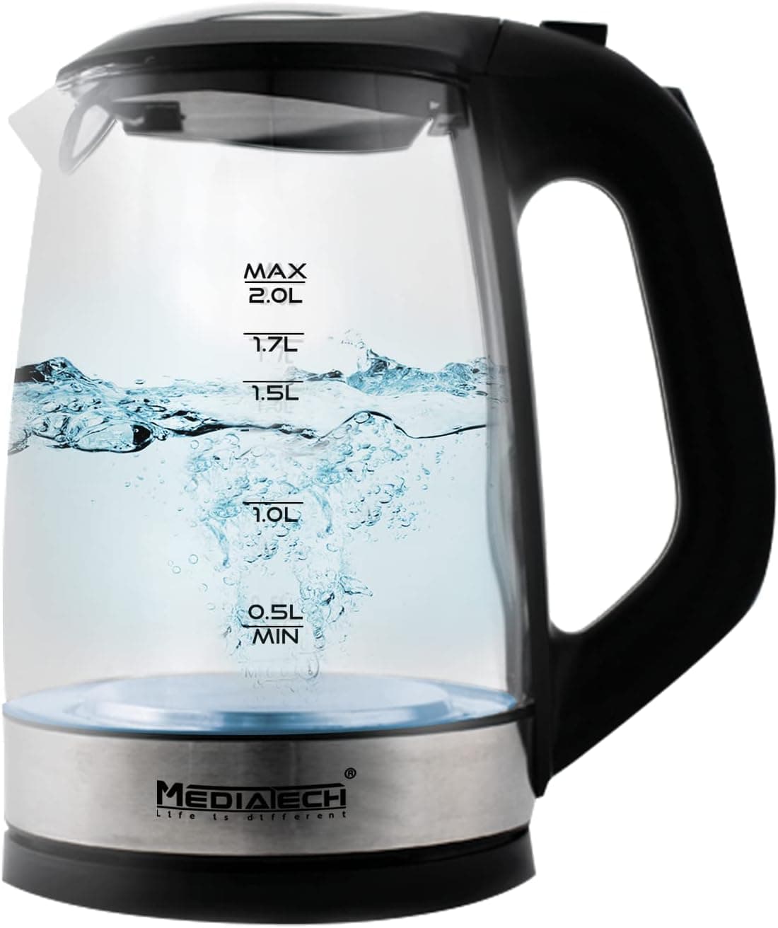Media Tech Electric Kettle, Glass, 2 Litres, 2200 Watt, Detachable Base, MT-K101 - Black