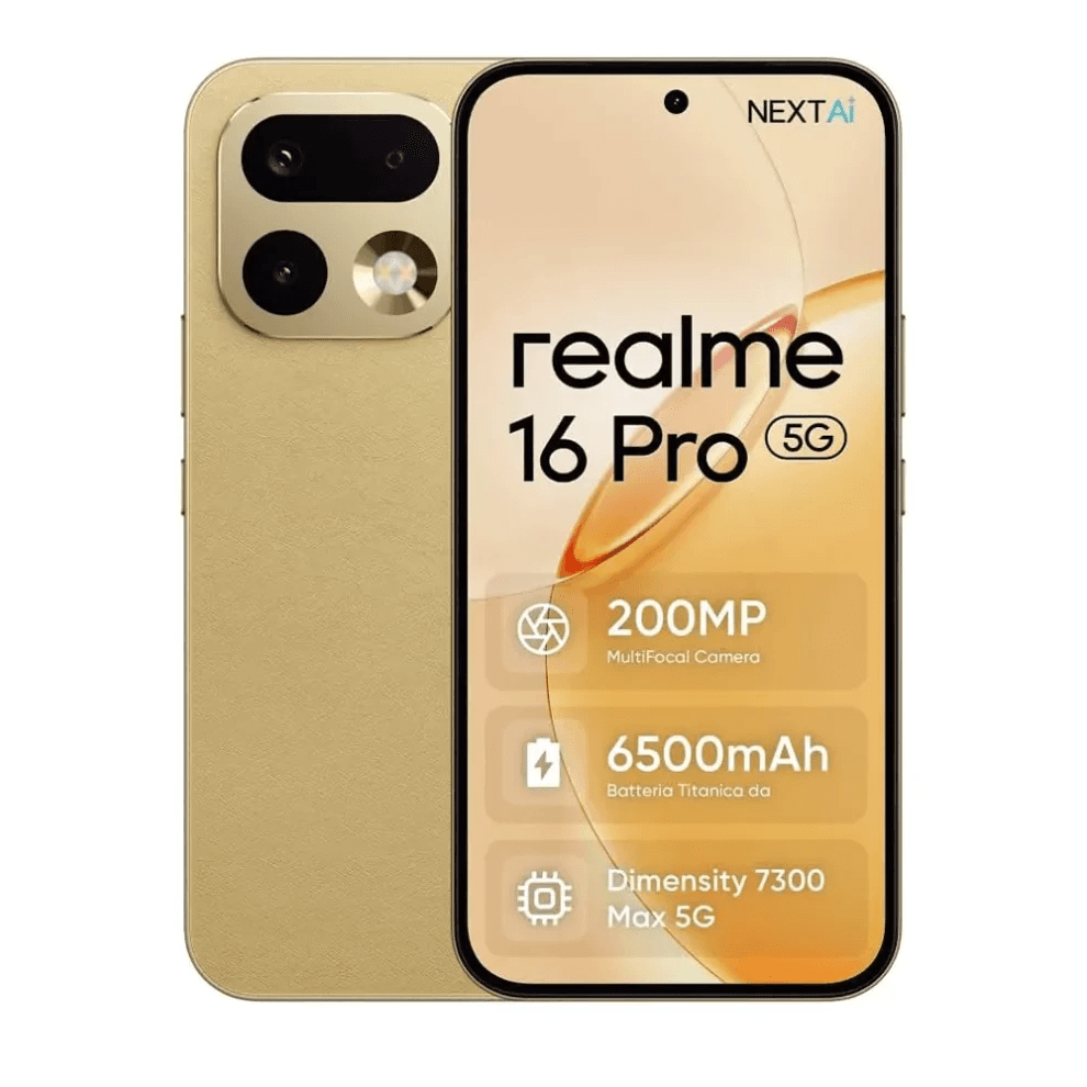 Realme 16 Pro Dual Sim, 256GB , 12GB RAM,5G - Master Gold, Free Gift Included Realme Buds T200x Gift - White