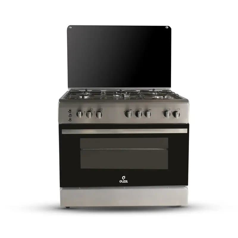 Guzal Crystal Gas Cooker, 5 Burners, 90 × 60 cm – Silver & Black