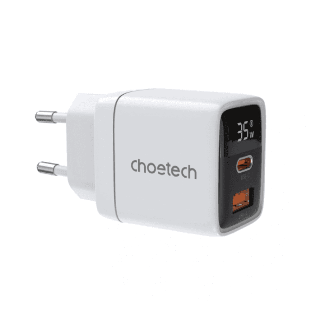 Choetech PD6052 USB-C USB-A PD 35W GaN wall charger with display - White