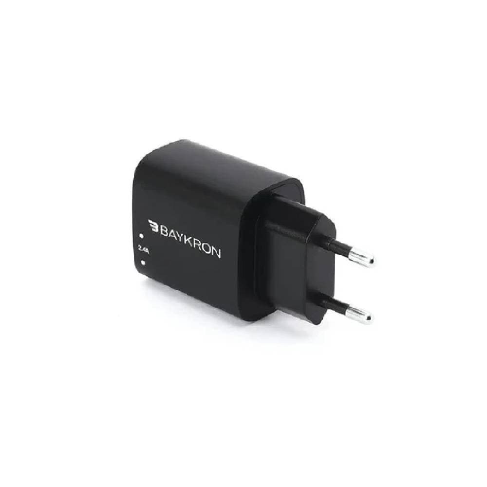 BayKron Smart Wall Charger Dual 12W USB Ports - Two Fast Charging Ports - Black