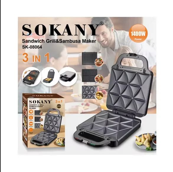 Sokany 3-in-1 Sandwich Maker, 1400W, Black/Silver, Model SK-08064N.