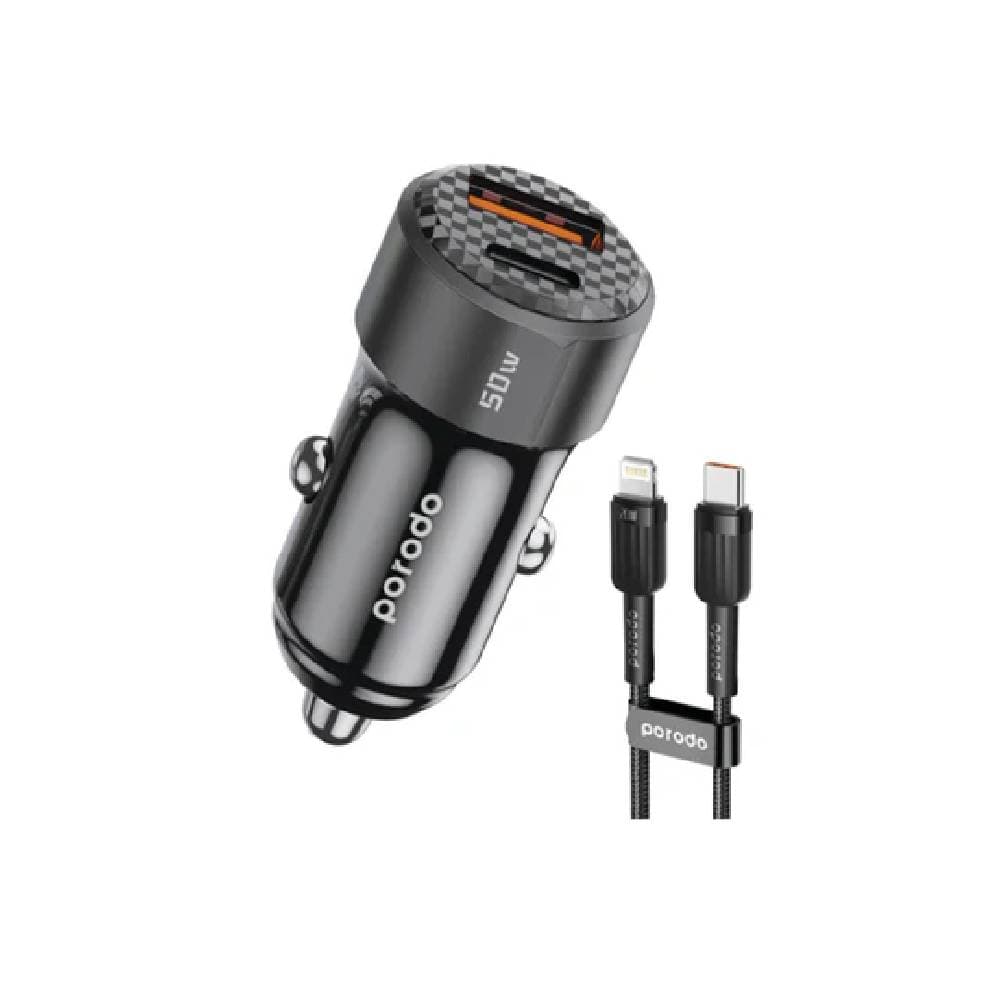 Porodo 50W Dual Port Car Charger PD 20W QC 30W with C to Lightning Cable - Black