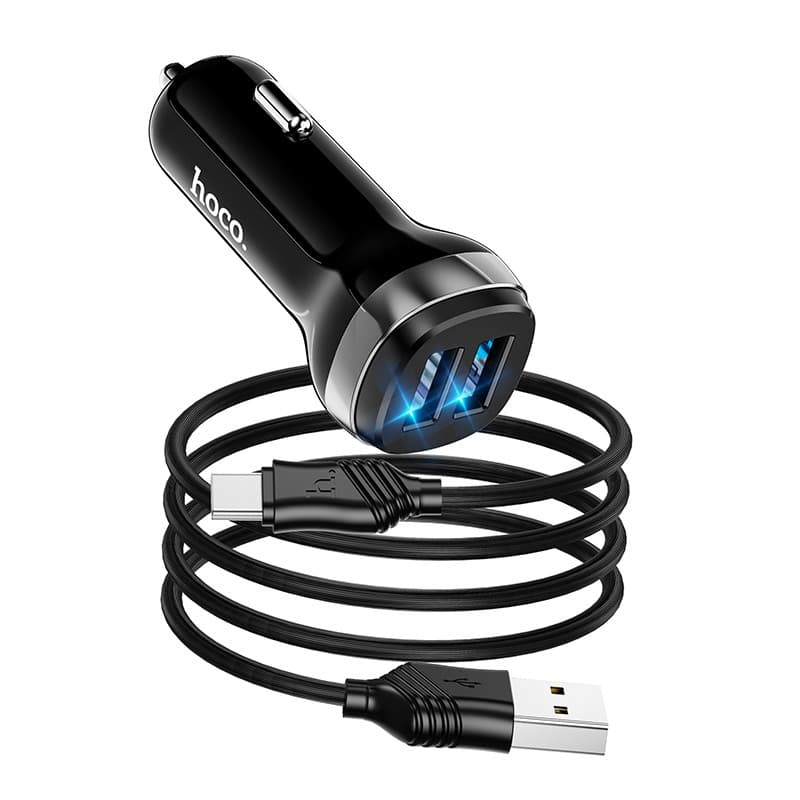 Hoco Car charger, with two USB ports, with a superior Lightning cable - black