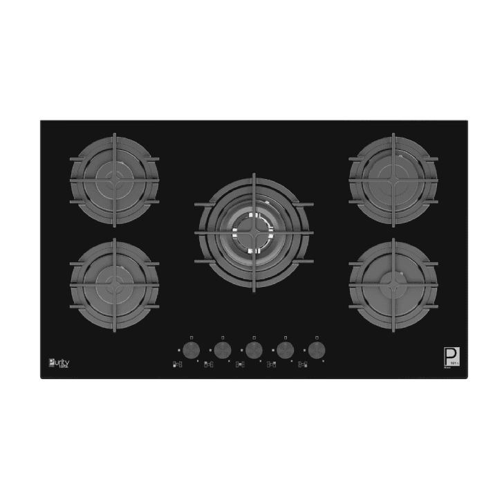 Purity Built-in Set, 90cm Extractor Hood, 1000 m³/h Extraction Power, ROSE PLUS BL 90CM - Black+ 90cm Gas Oven, 97 Liters, Digital, OPT902GGD - Black + 90cm Gas Hob, 5 Burners, Heavy Cast Iron Pan Supports, HPT911G - Black