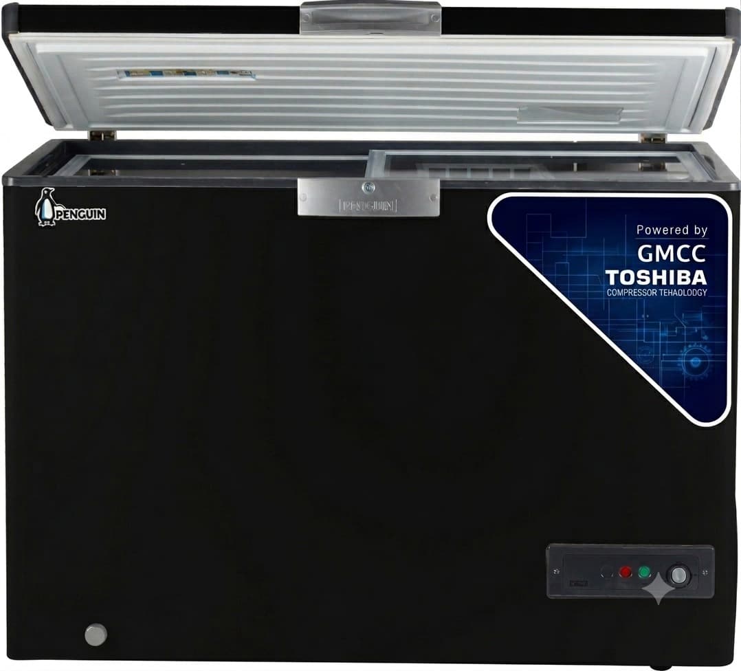 Penguin Stainless Steel  Chest Freezer, 350 Liters, Sliding Glass Door – Black- TOSHIBA GMCC Inverter Compressor