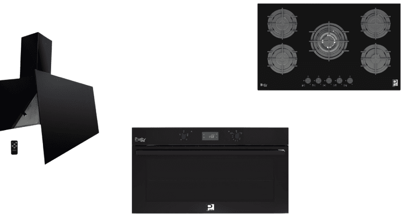 Purity Built-in Set, 90cm Extractor Hood, 1000 m³/h Extraction Power, ROSE PLUS BL 90CM - Black+ 90cm Gas Oven, 97 Liters, Digital, OPT902GGD - Black + 90cm Gas Hob, 5 Burners, Heavy Cast Iron Pan Supports, HPT911G - Black