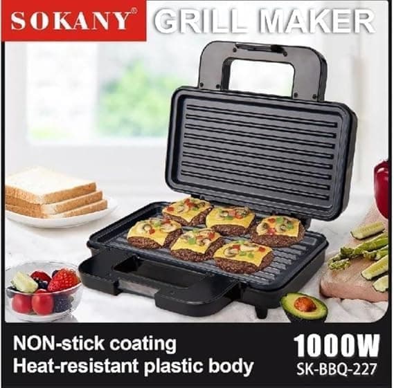 Sokany Sandwich Maker, 1000 Watts - Black Silver, KJ-835
