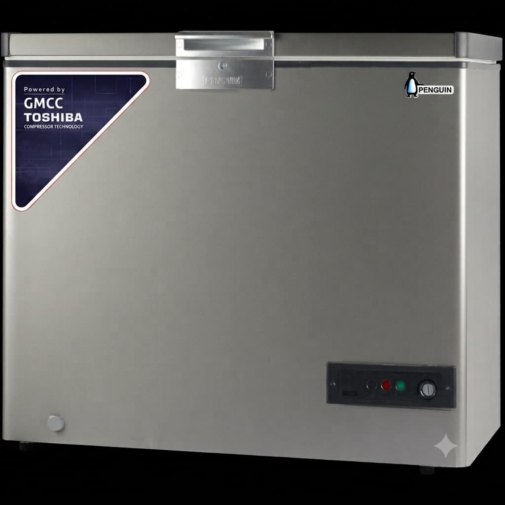 Penguin Stainless Steel Chest Freezer, 250 Liters, Sliding Glass Door – Silver- TOSHIBA GMCC Inverter Compressor