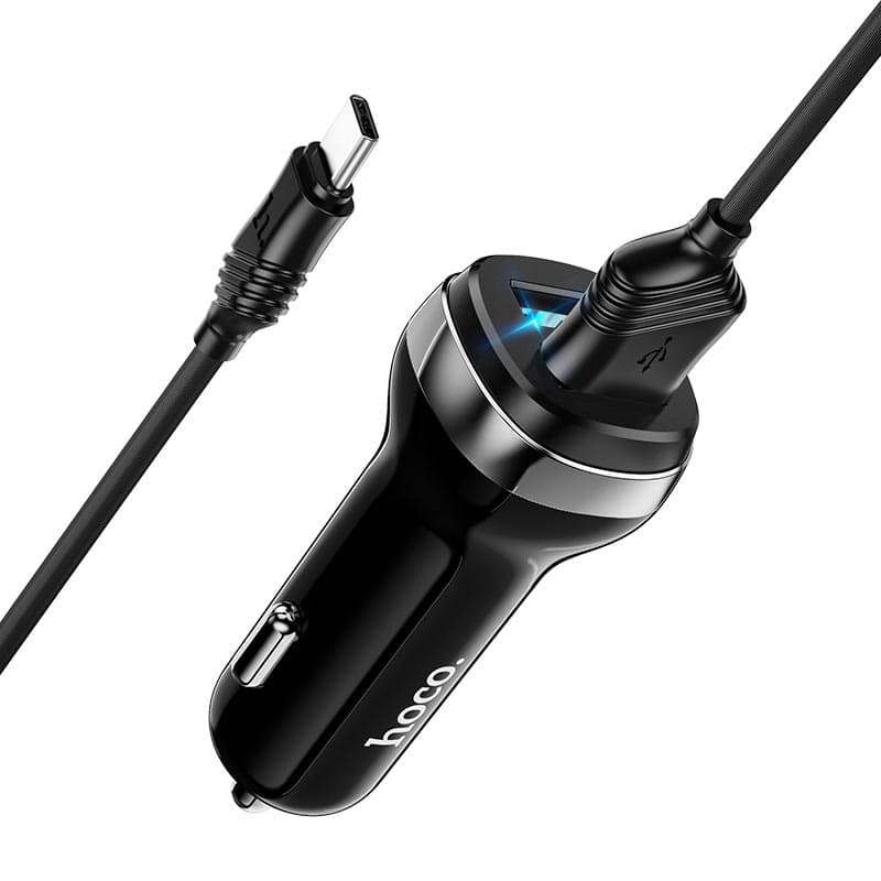 Hoco Car charger, with two USB ports, with a superior Lightning cable - black