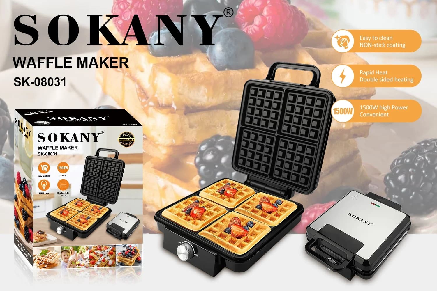 Sokany Waffle Maker, 4 Slices, 1500 Watt - Black Silver