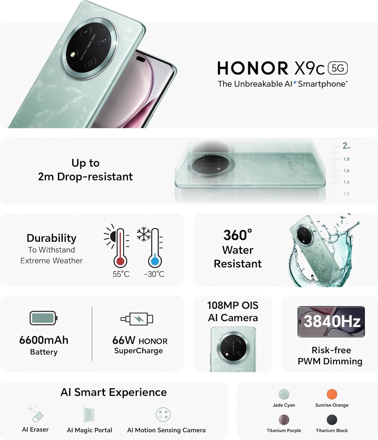 Honor X9C Dual SIM, 256GB, 12GB RAM, 5G - Jade Cyan (Local Warranty)