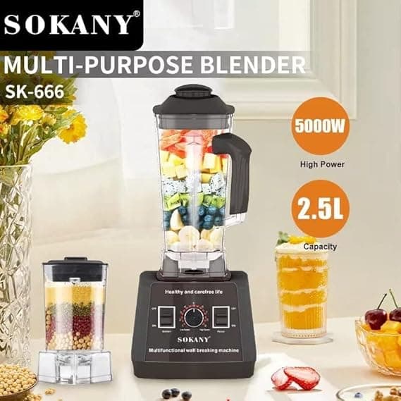 Sokany Electric Blender, 5000 Watt, High Power, SK-666 - Transparent Black