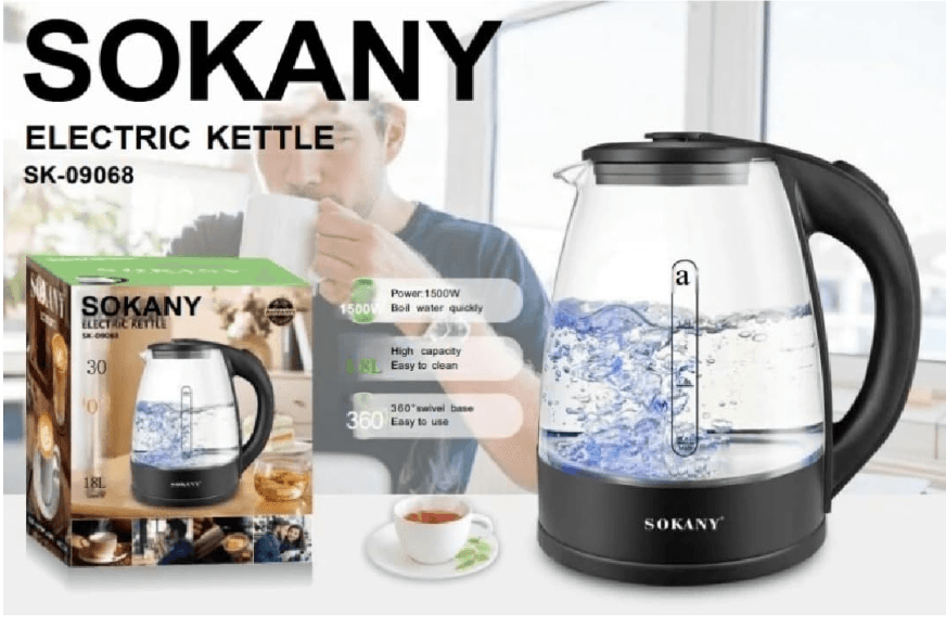 Sokany Glass Electric Kettle,1.8L, 1500W - Clear
