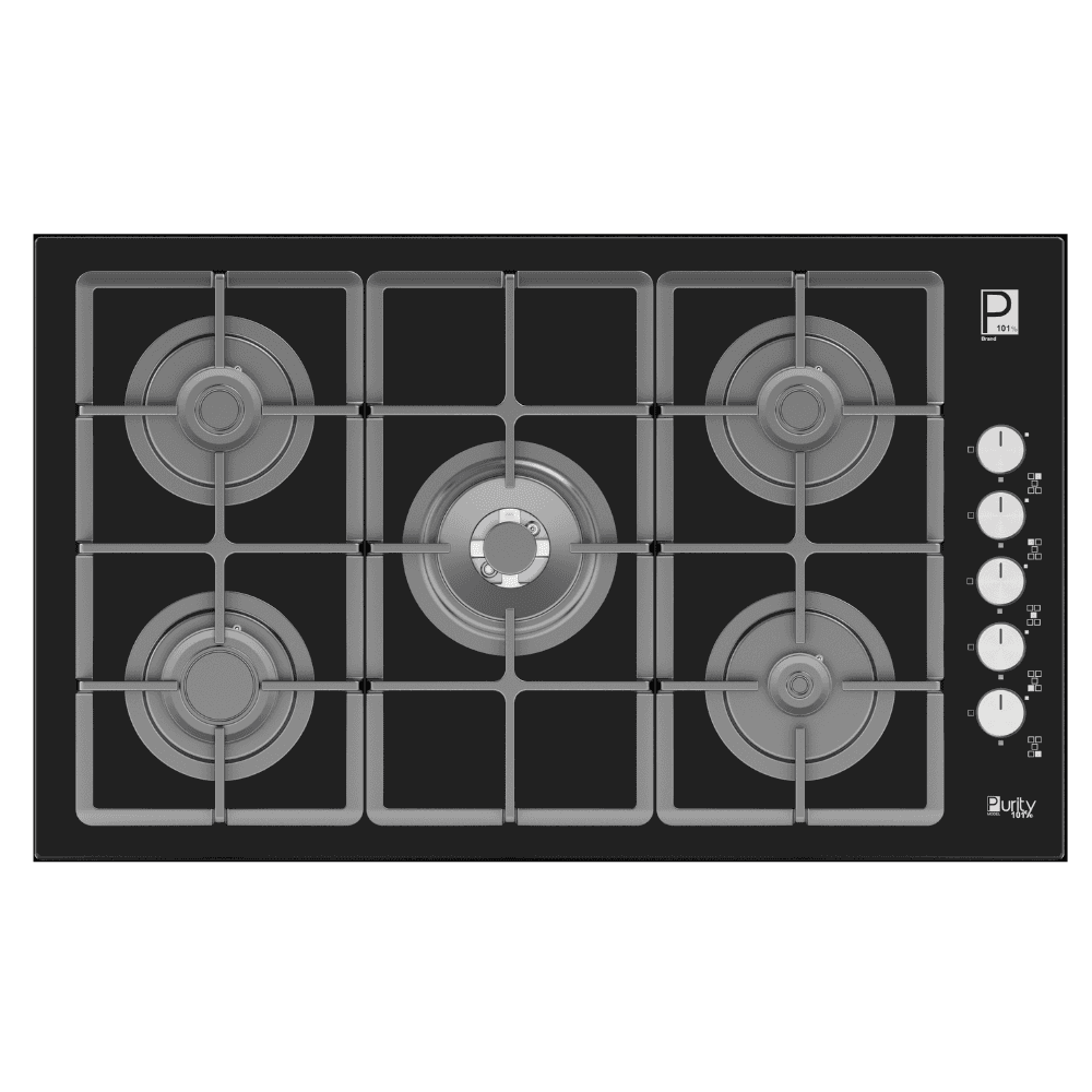 Purity Built-in Gas Hob, 90cm, 5 Burners, Cast Iron Pan Supports, Full Safety Features, Glass, HPT975G - Black