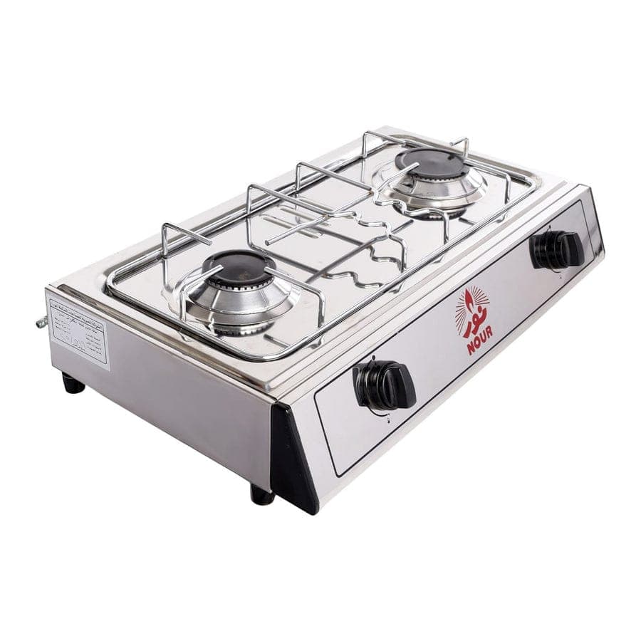 Nour Gas Cooker, Stainless Steel, 2 Burners - Silver
