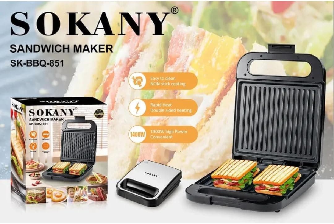 Sokany SK-851 1400W Non-Stick Sandwich Maker in Silver