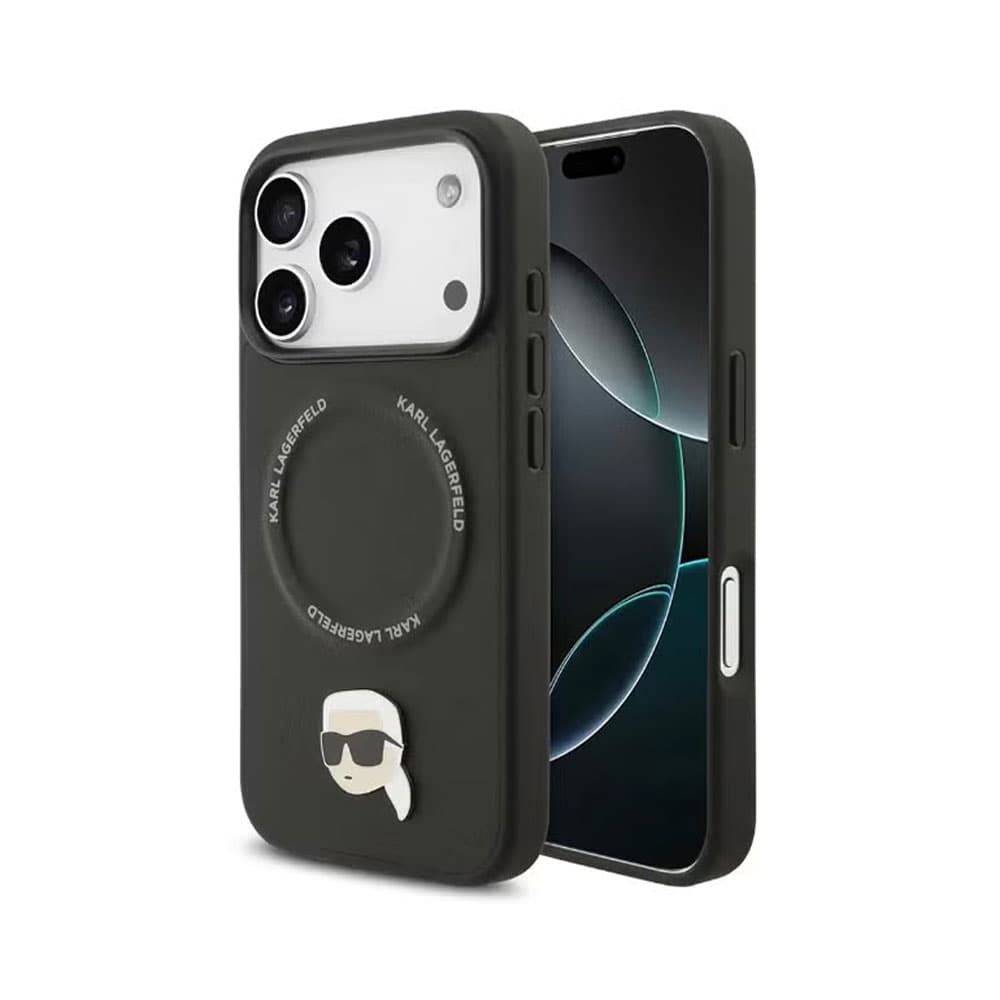 Karl Lagerfeld For iPhone 17 Pro Max PU Leather Case With Karl Head Pins - Black