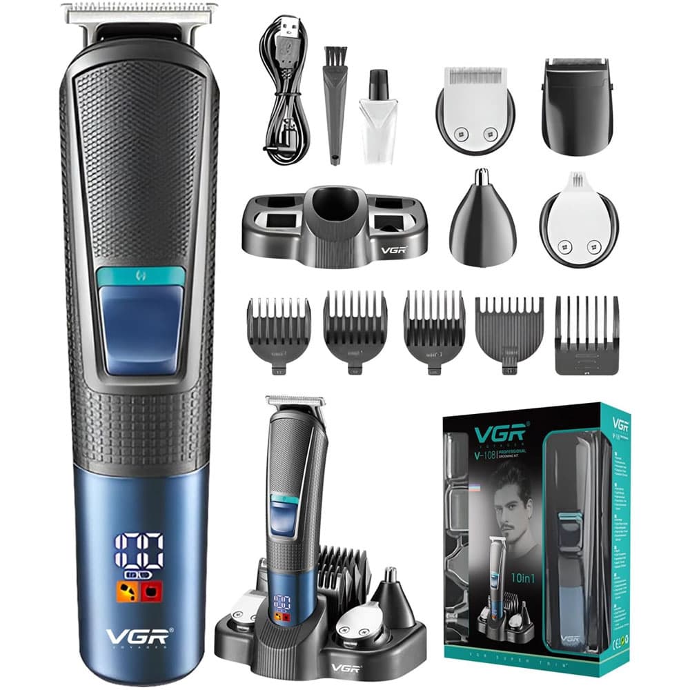 VGR V-108 Professional 10 in 1 Grooming Kit with LED Display, All in one Trimmer for Men, Suitable for Face, head, Nose,Ear & Body Grooming, 120 min Runtime - Black *Blue