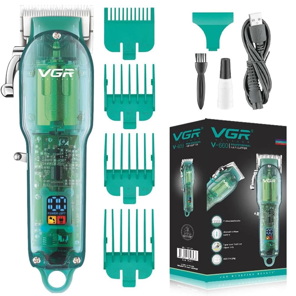 VGR V-660 Professional Digital Rechargeable Hair Hair Trimmer - Dry - 1800Mah - Transparent Green
