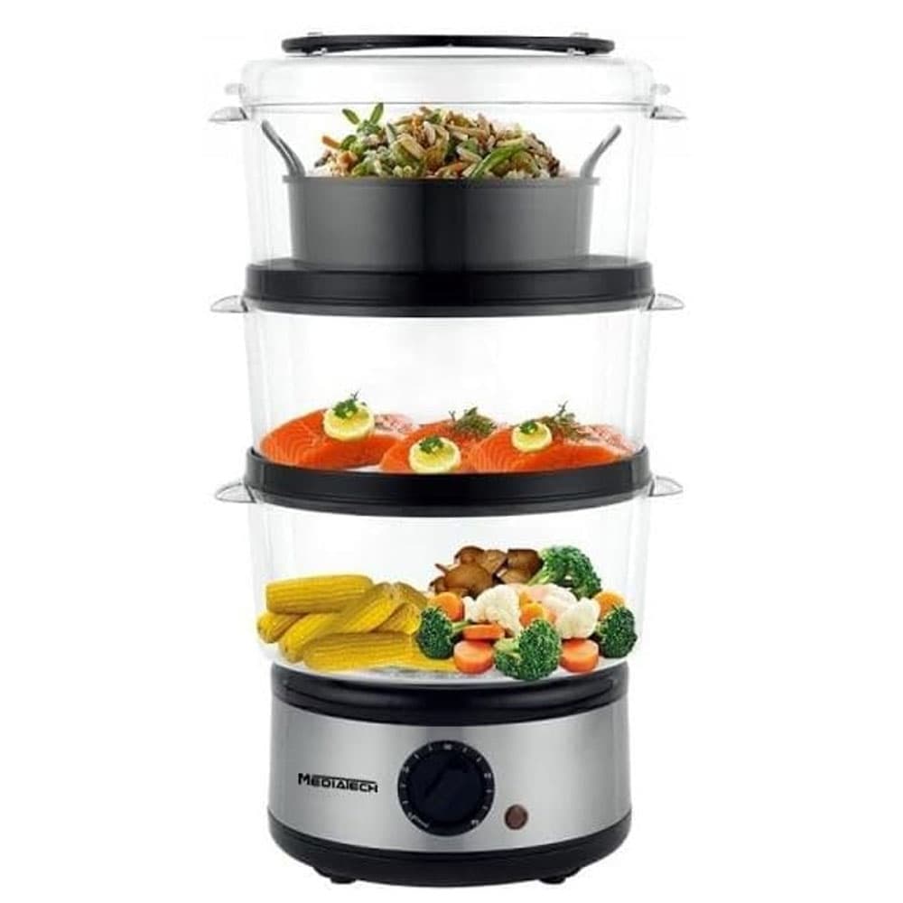 Media Tech Food Steamer 2.5 Liter - 500Watt - 3 Layers - 3-Tier Bowls - 3 Baskets, Rice Bowl/Rice Cooker - Silver*Black MT-FS88