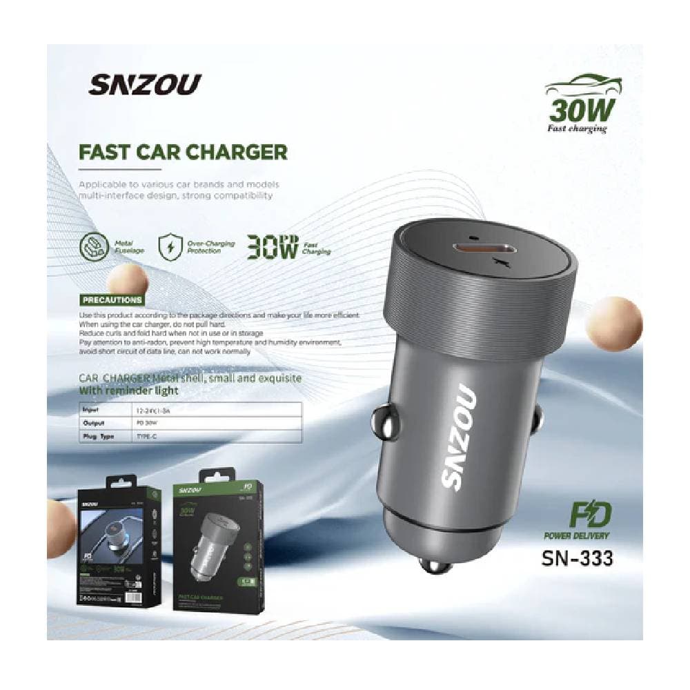 Snzou SN-333 PowerBoost 30W Car Charger with PD - Silver