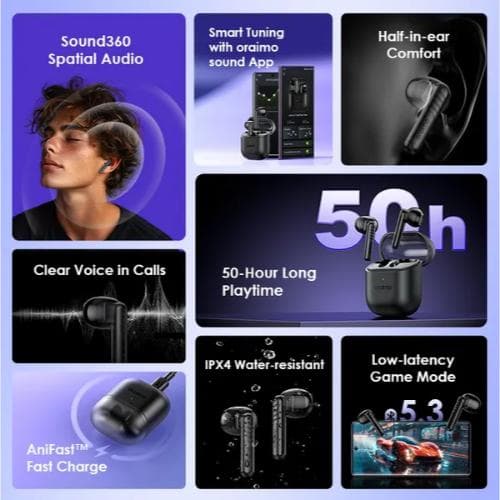 Oraimo FreeBuds Neo wireless earphones, with noise canceling feature, black - OTW-330S