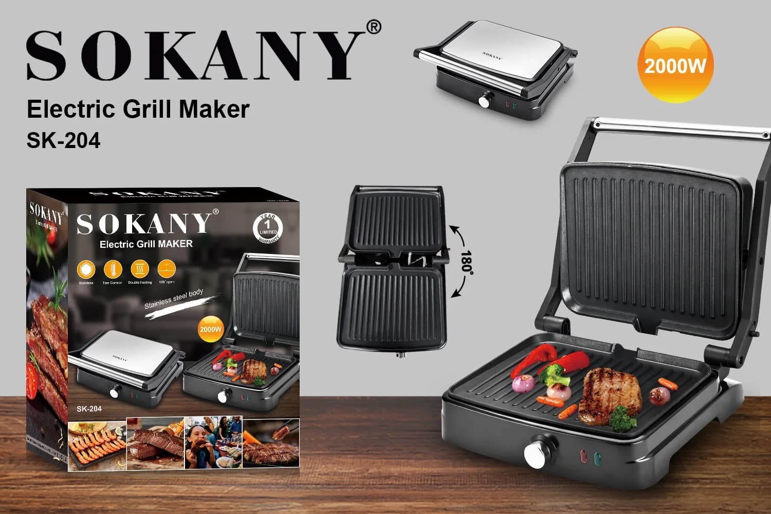 Sokany Multi-functional Electric Grill and Griddle, 2000W, Silver