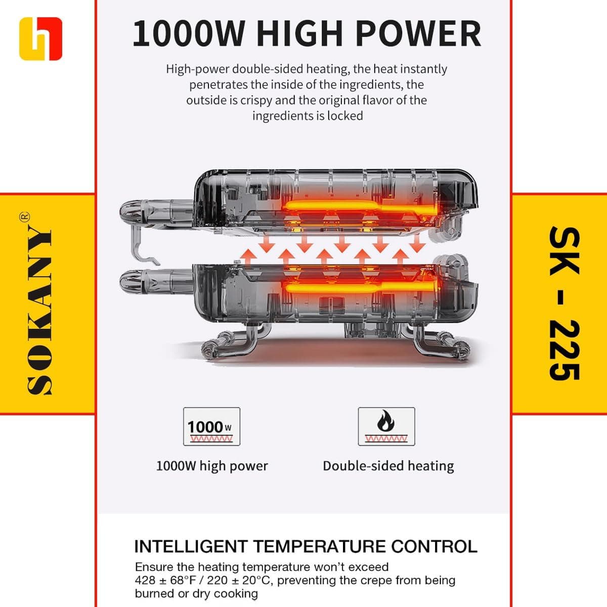 Sokany KJ-225 Waffle Maker, 1000W, Two-Slice, Silver and Black
