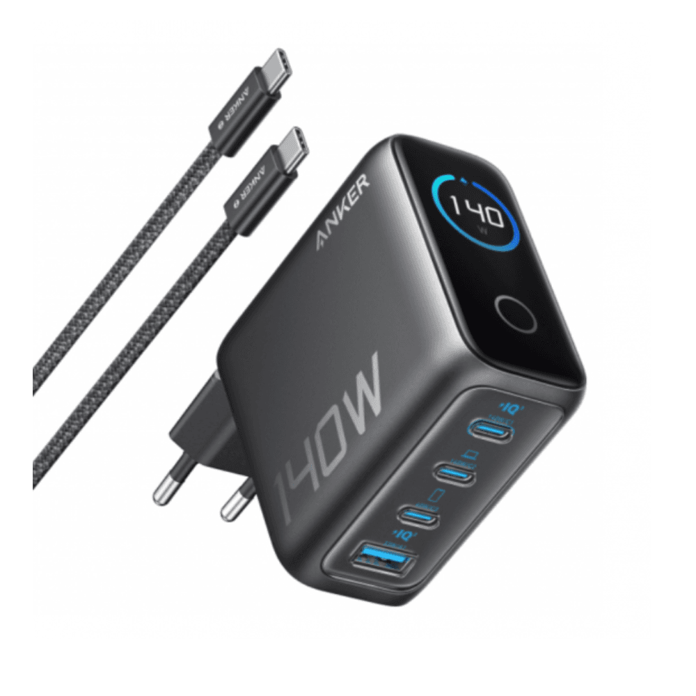 شاحن حائط أنكر زولو 140 واط، 5 أمبير، (1 × USB-A – 3 × USB-C) مع كابل USB-C - أسود