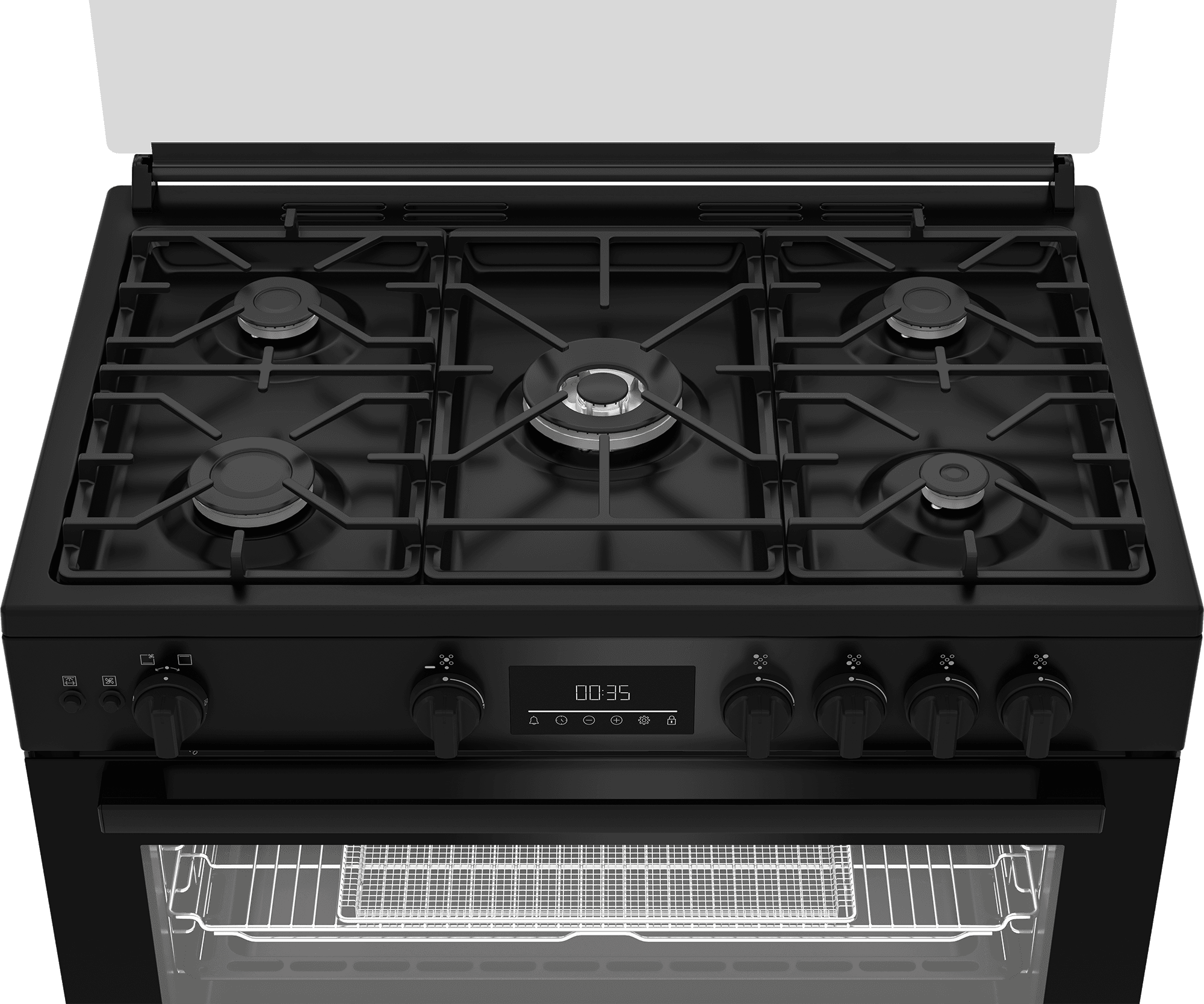 Beko Gas Cooker, 5 Burners, 60x90 cm, Stainless Steel, 2 Fans, Cast Iron Grates, Safety Features, BGGR11125GB - Black Silver