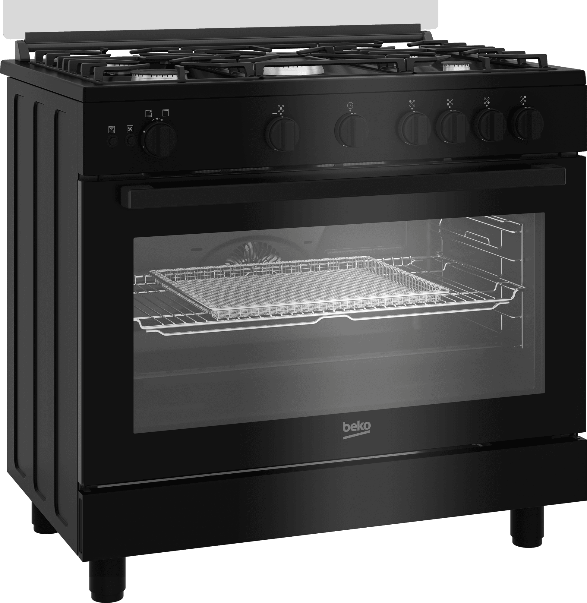 Beko Gas Cooker, 5 Burners, 60x90 cm, Stainless Steel, 2 Fans, Cast Iron Grates, Safety Features, BGGR11125GB - Black Silver