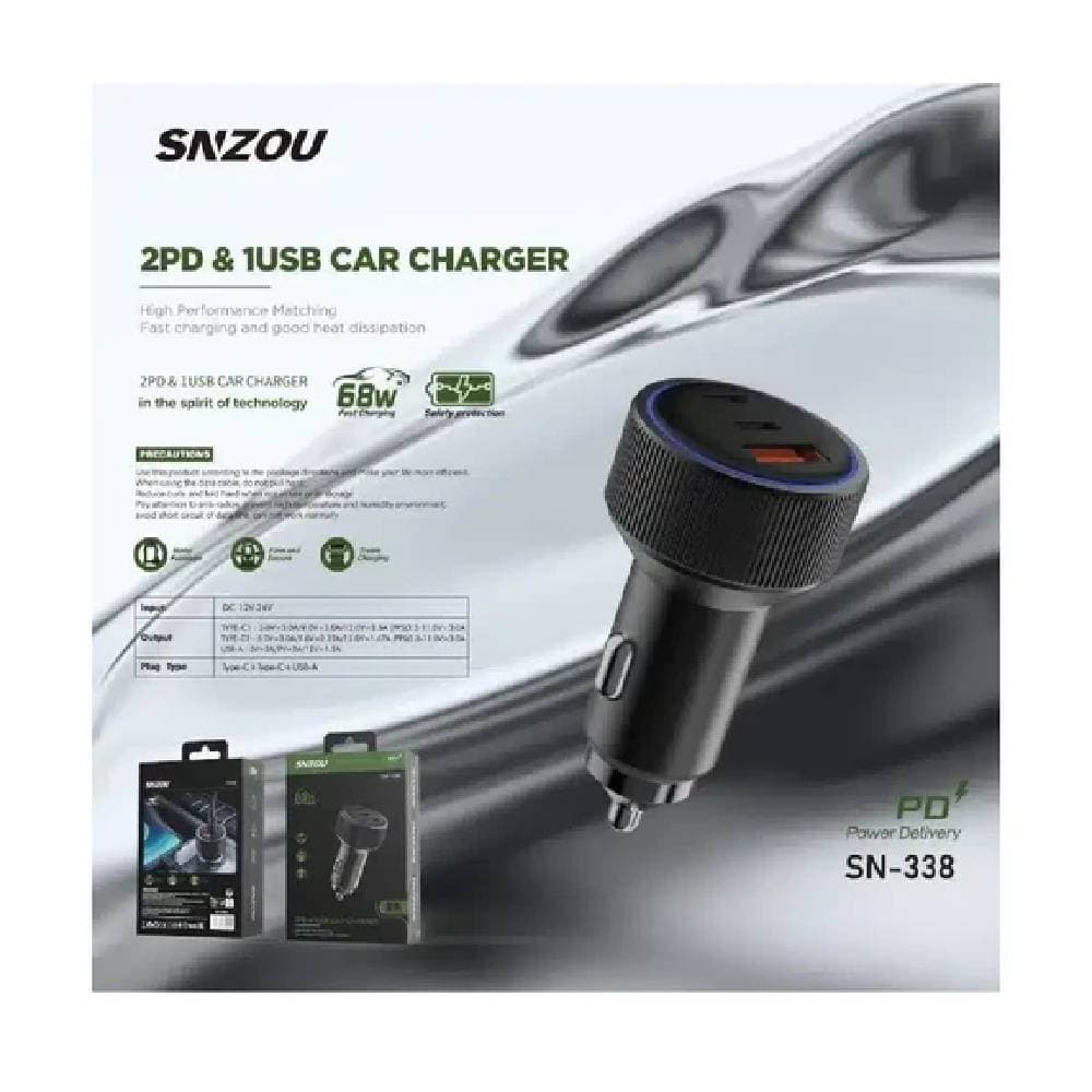 Snzou Car Charger 68W 2PD, 1USB - Black