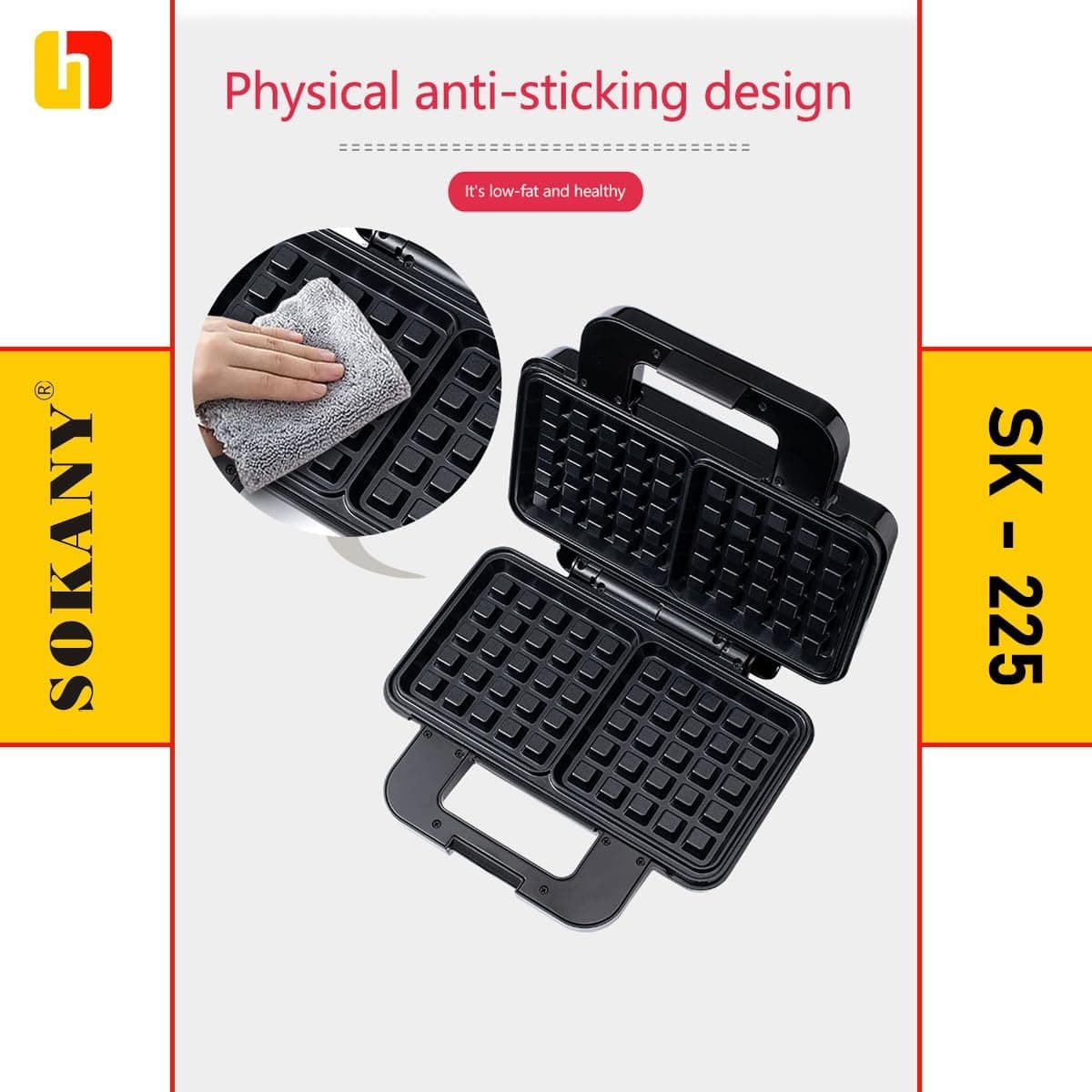 Sokany KJ-225 Waffle Maker, 1000W, Two-Slice, Silver and Black